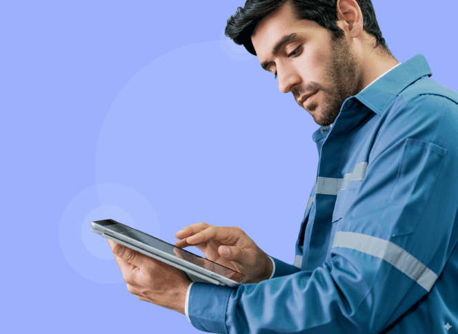Técnico de mantenimiento utilizando una tablet para gestionar activos y planificar tareas con el software CMMS