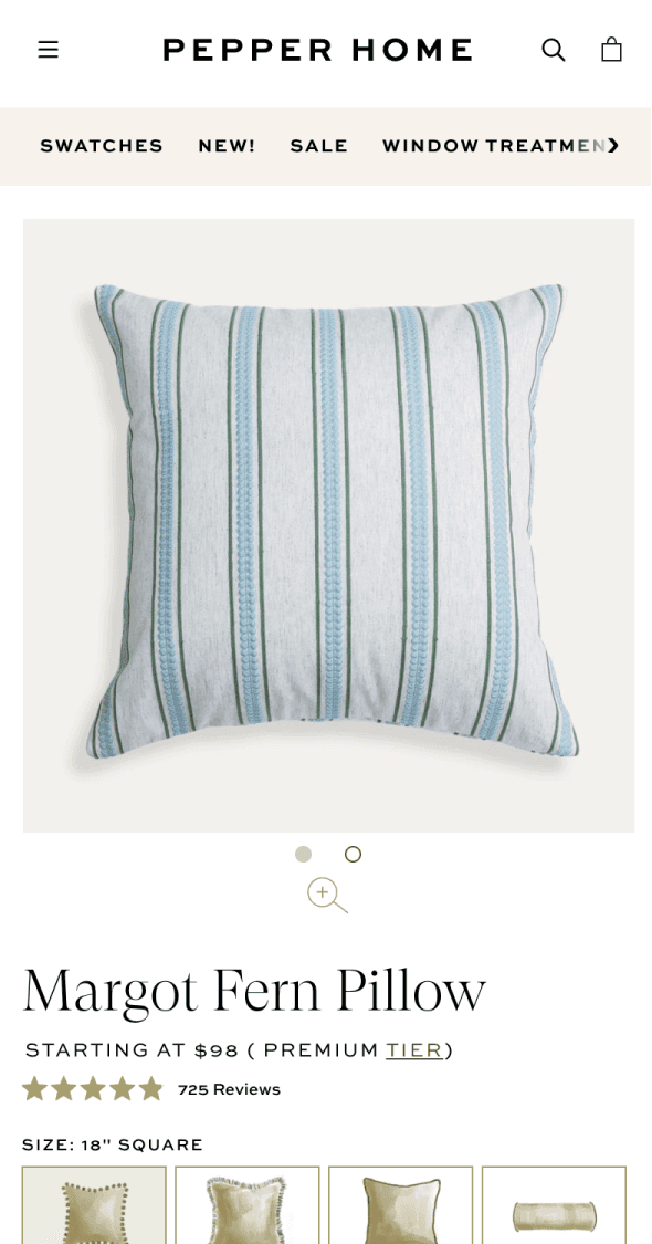 Mobile Shopify product detail page for Pepper Home featuring striped pillow and fabric options