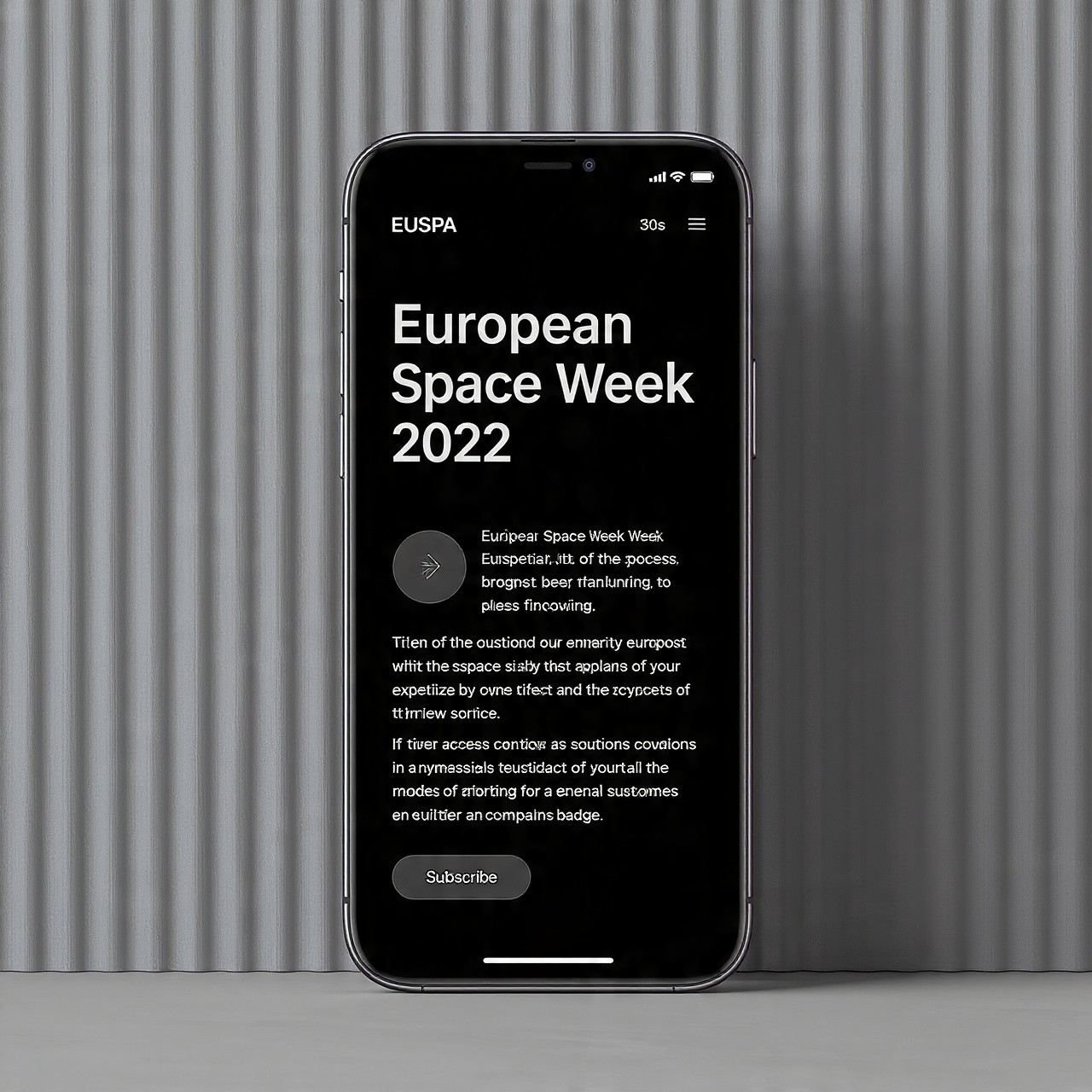 Smartphone displaying a dark mode screen with text "European Space Week 2022" on a ribbed gray background.