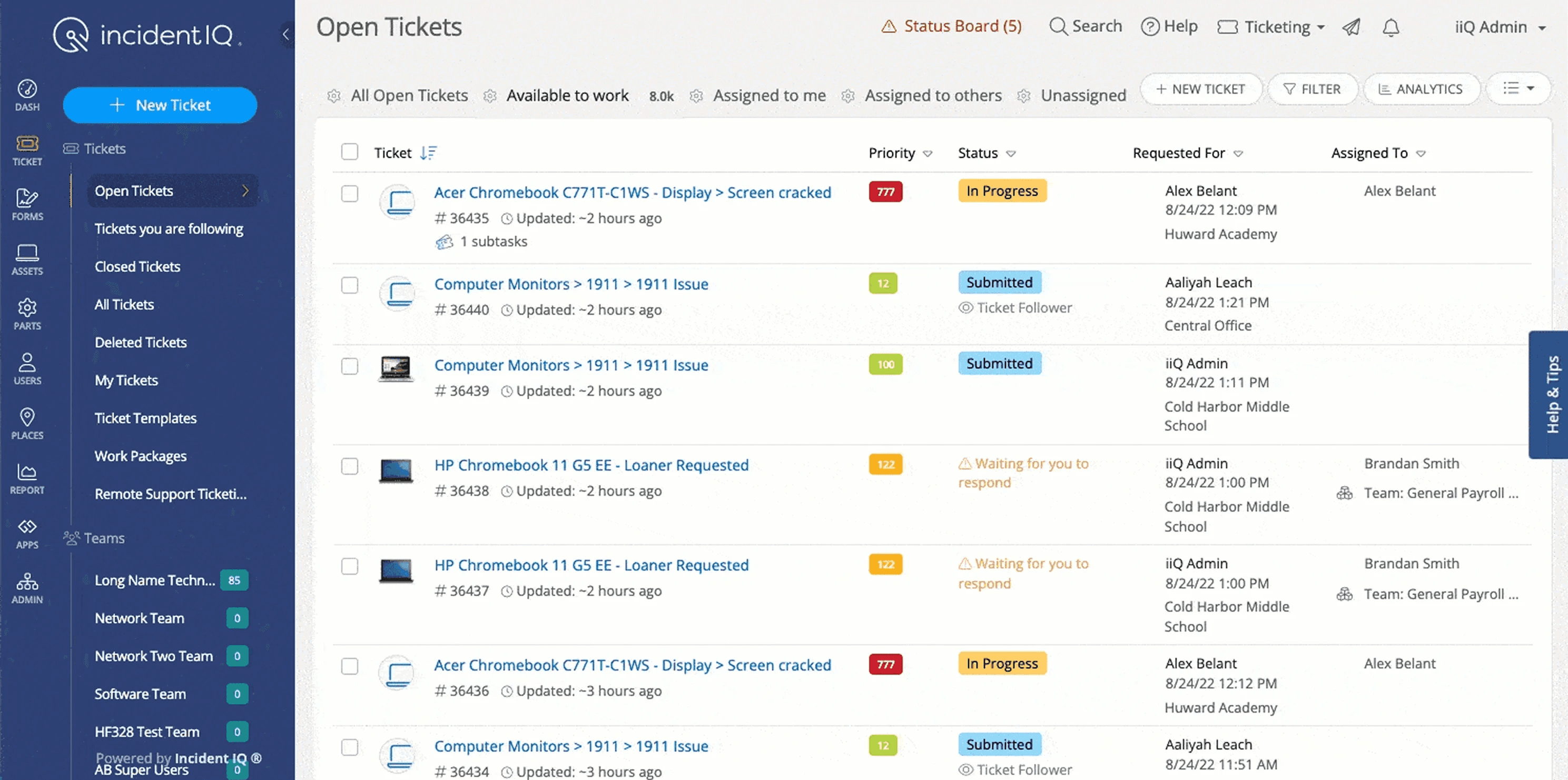 Shared Grid running in the production Open Tickets workflow with sorting, status, requester, assignee, and pagination.