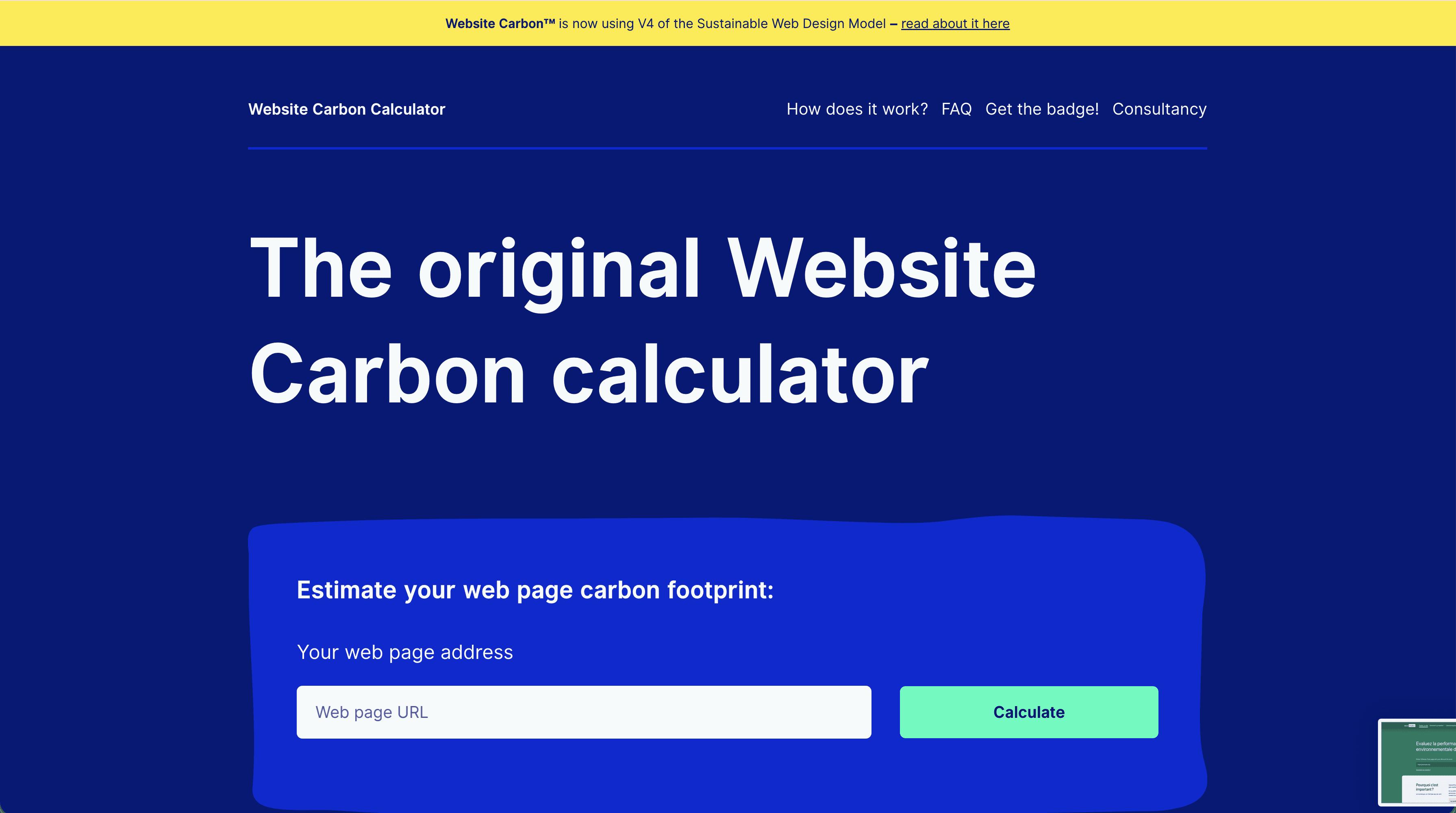 Capture d'écran du site Website Carbon Calculator