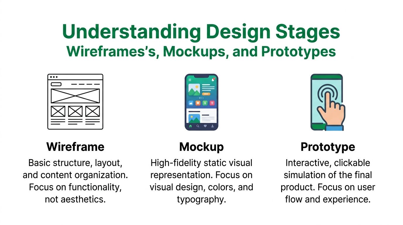 A visual guide explaining the differences between wireframe, mockup, and prototype in user interface design.