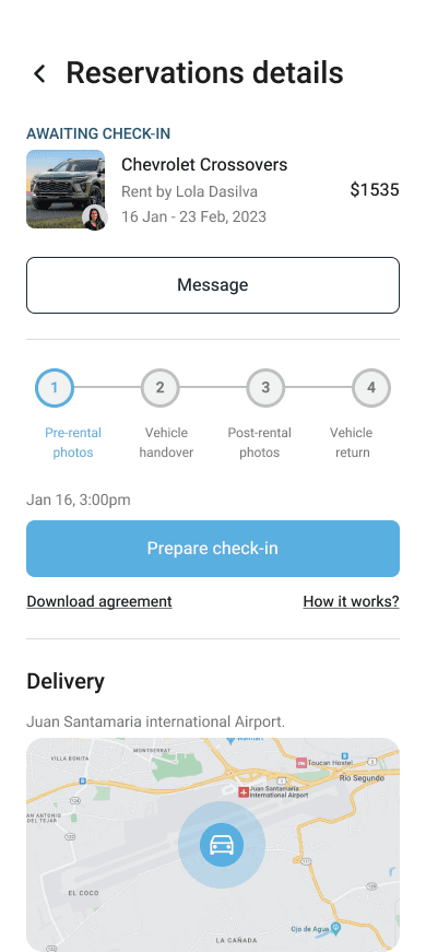 FlynCar app ‘Reservations details’ screen for a Chevrolet Crossovers rental, displaying the rental timeframe, cost, a step-by-step check-in process, and a map indicating the delivery location 