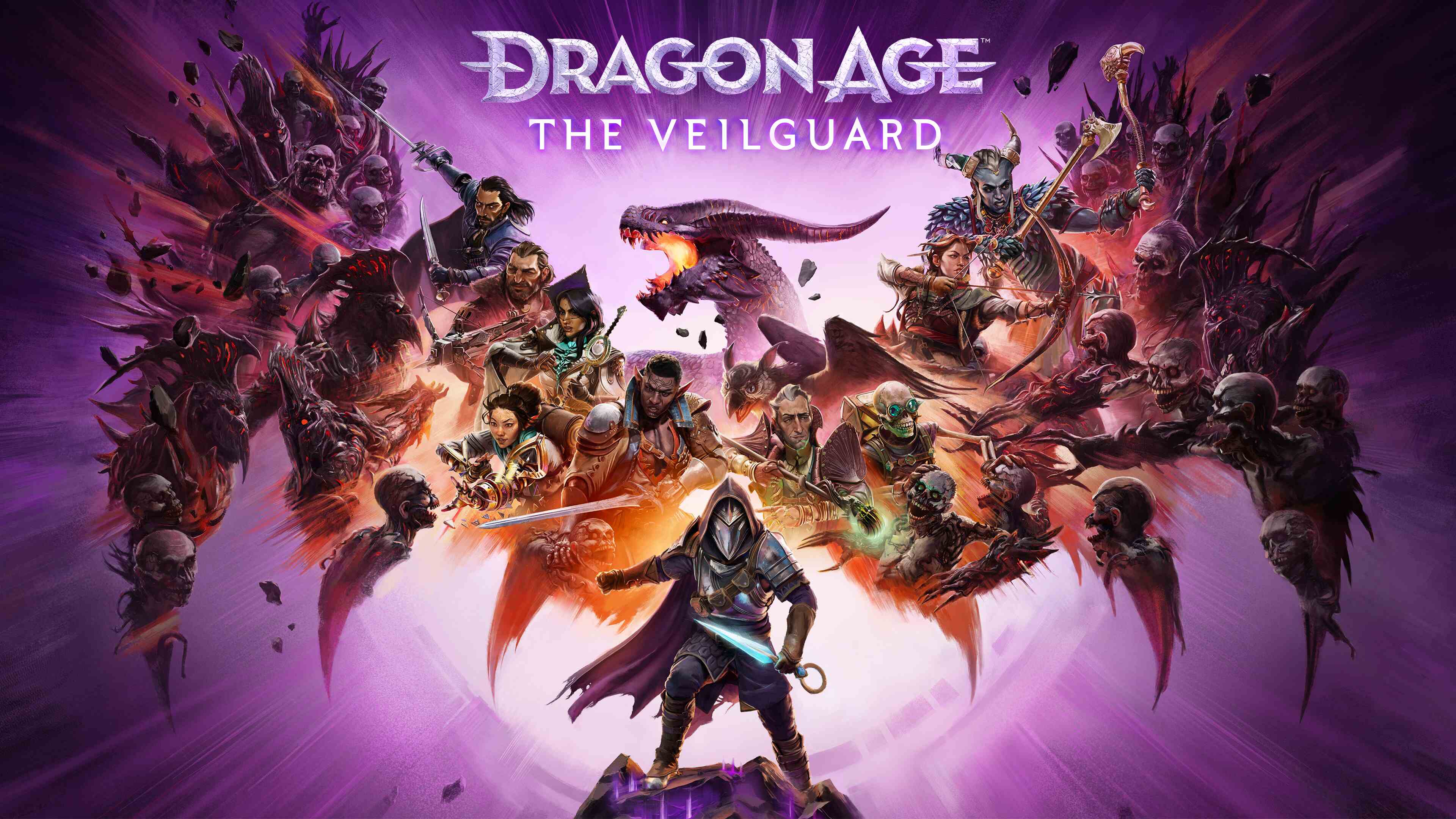 Dragon Age: The Veilguard official artwork featuring a diverse group of heroes facing off against shadowy undead creatures. The central armored protagonist wields glowing weapons, with a roaring dragon in the background. While the artwork teases an epic RPG adventure, many fans feel the game has strayed from its roots. Does this new Dragon Age installment capture the magic of its predecessors?