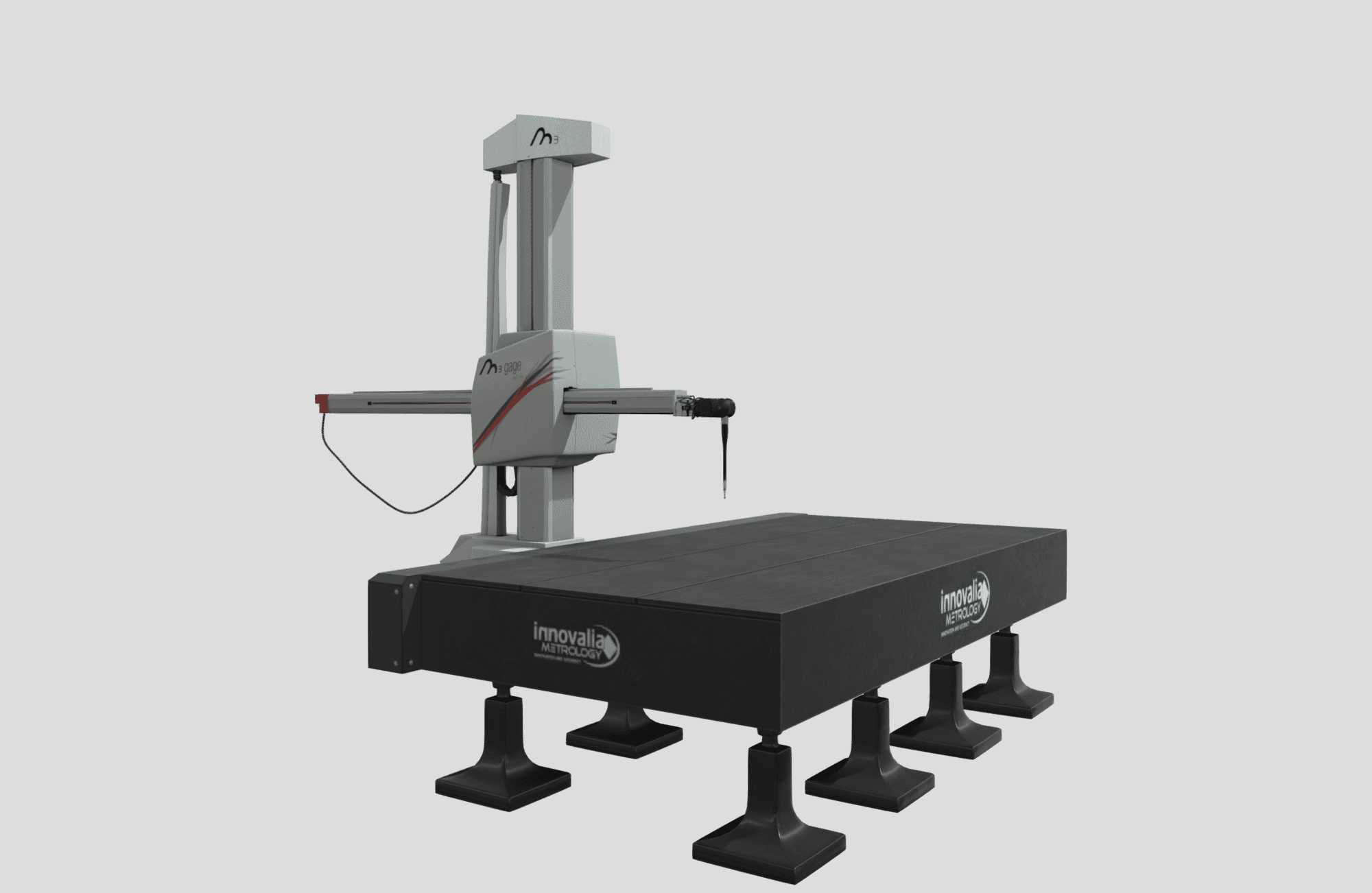 Wizualizacja 3D ramienia pomiarowego M3 Gage Innovalia Metrology na czarnej podstawie granitowej
