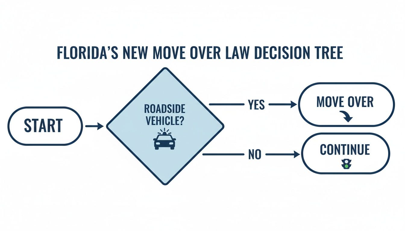 A flowchart detailing Florida's new Move Over Law, guiding drivers on when to move over or continue.