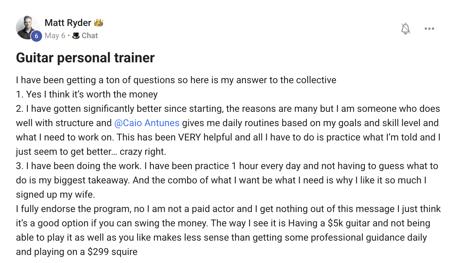 Student testimonial screenshot