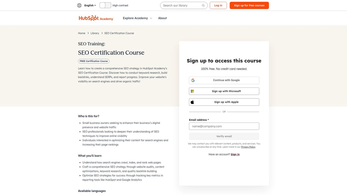 9 SEO Kurse 2026, Die Dein Online-Marketing Revolutionieren - SEO-Zertifizierungskurs von HubSpot Academy