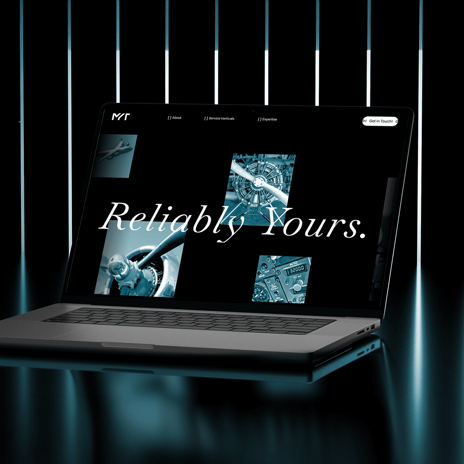 Laptop screen with MYT site displaying ‘Reliably Yours’ and aerospace visual blocks