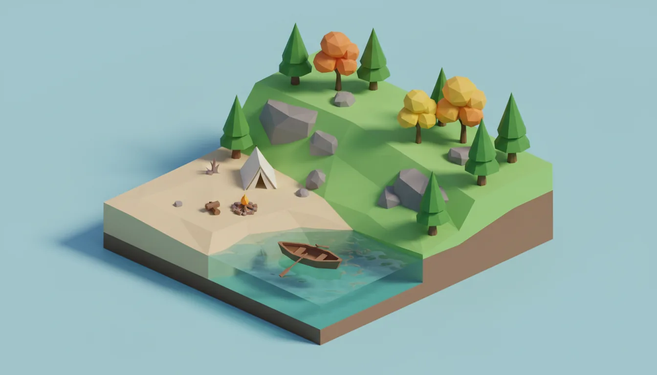Low-poly 3D render in the style of SketchUp, isometric diorama of a lakeside campsite shown as a cutaway block of earth. The scene features a sandy shore next to a block of translucent green-blue water with a small wooden rowboat. On the shore is a simple white tent, a small campfire area with logs, and a rising grassy hill dotted with faceted rocks and various simple, low-poly pine and deciduous trees. The entire model has a matte plastic material aesthetic with soft global illumination and minimal shadows, set against a solid light blue studio backdrop.