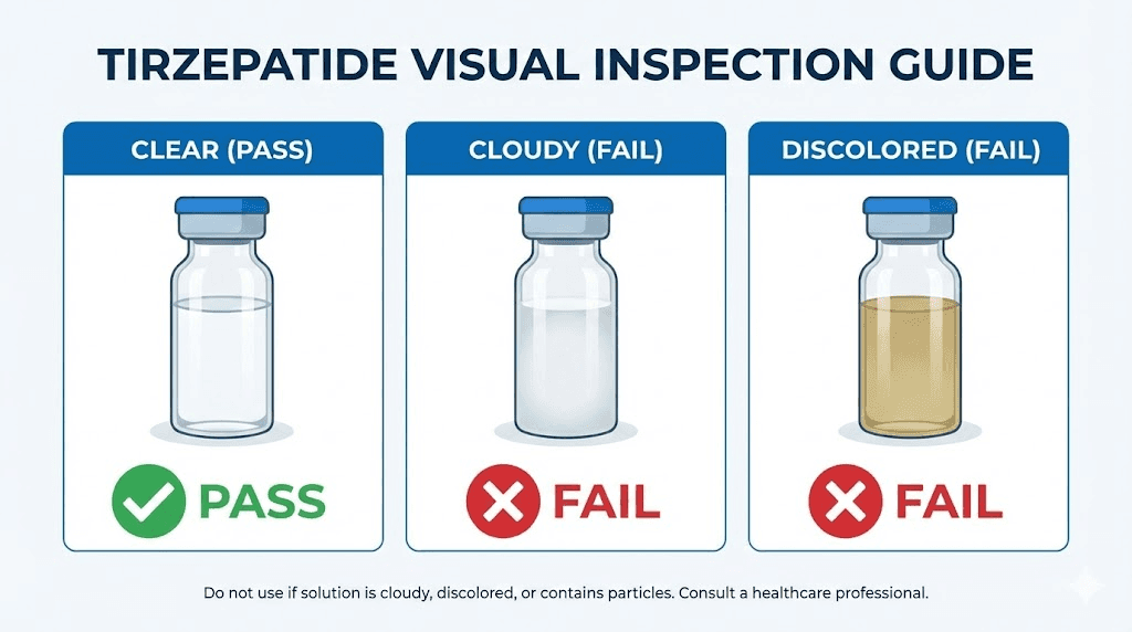 How to visually inspect compounded tirzepatide for signs of expiration and degradation