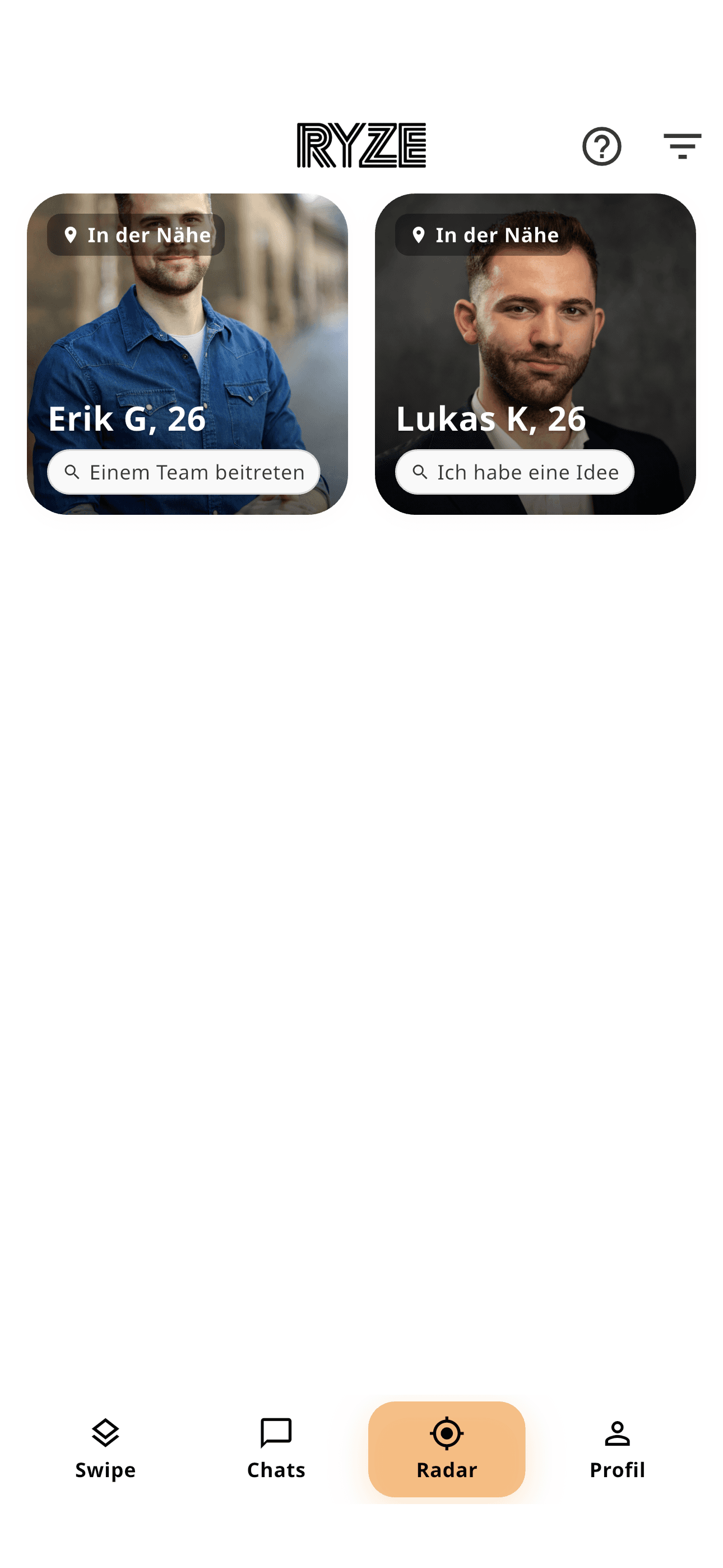 Ryze Radar, Karte mit Profilpins, lokale Co-Founder Suche