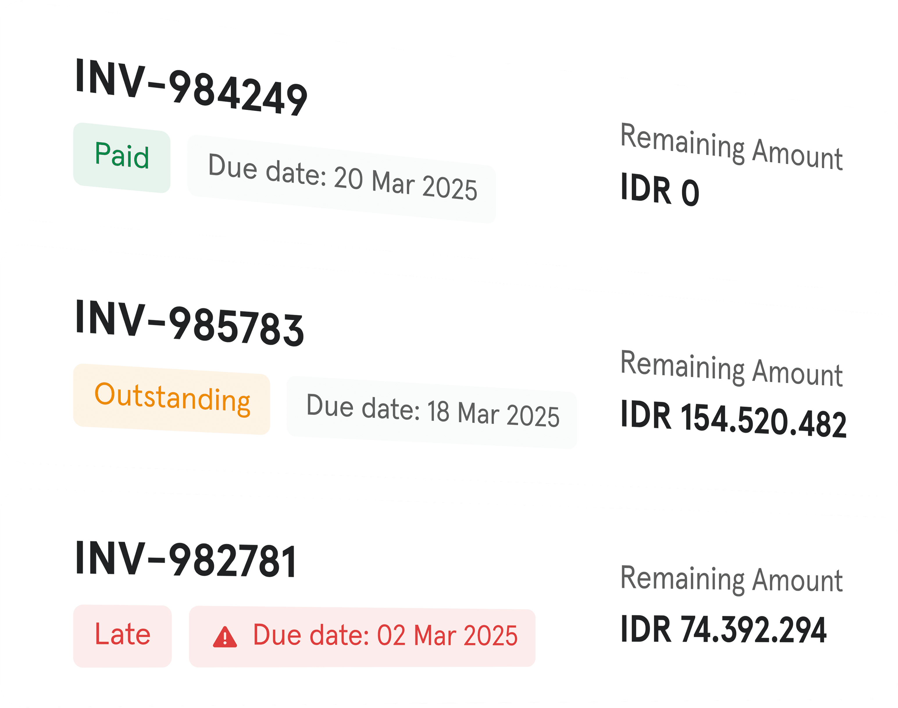 Invoice list on Durianpay showing paid, late, and outstanding invoices with corresponding amounts
