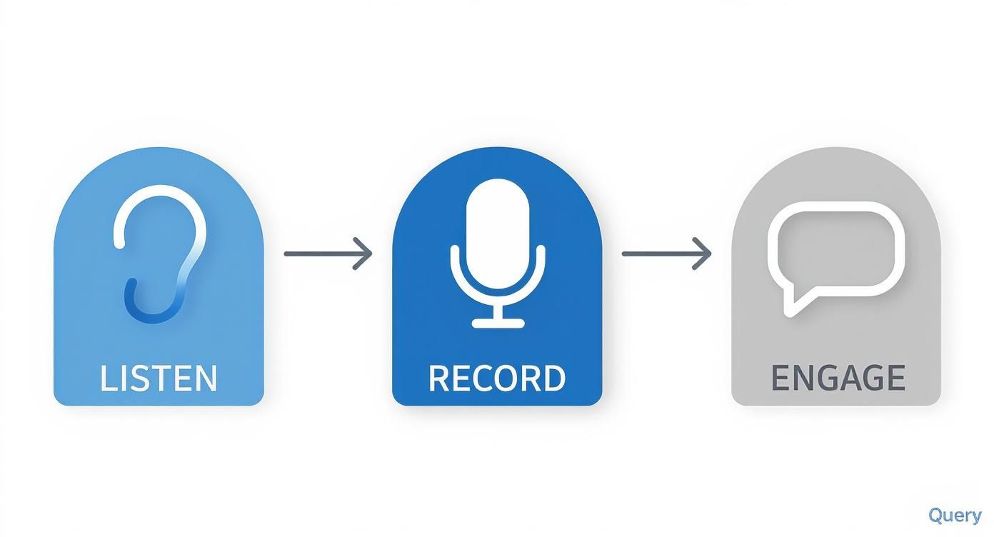 An infographic outlining a communication process: Listen (ear), Record (microphone), and Engage (speech bubble).