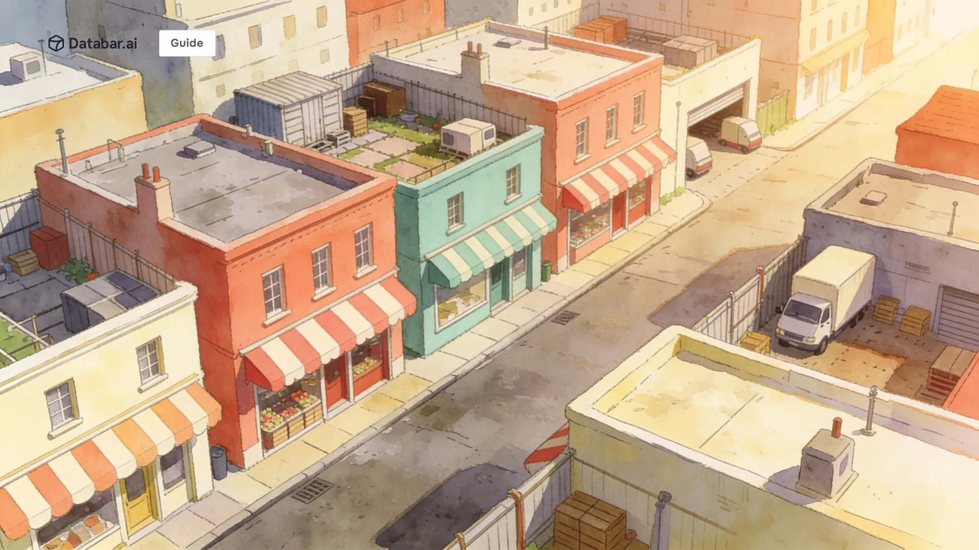 Illustration of a city district of small shopfronts with striped awnings and delivery yards behind — How to Scrape Google Maps and Find Business Owners with Claude Code