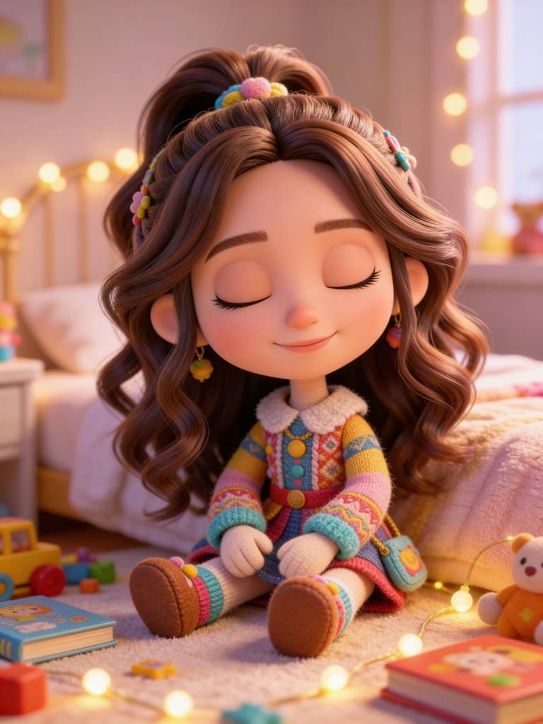 Blythe-style doll, 3D female, cute, whimsical, sitting, colorful, free AI doll generator.