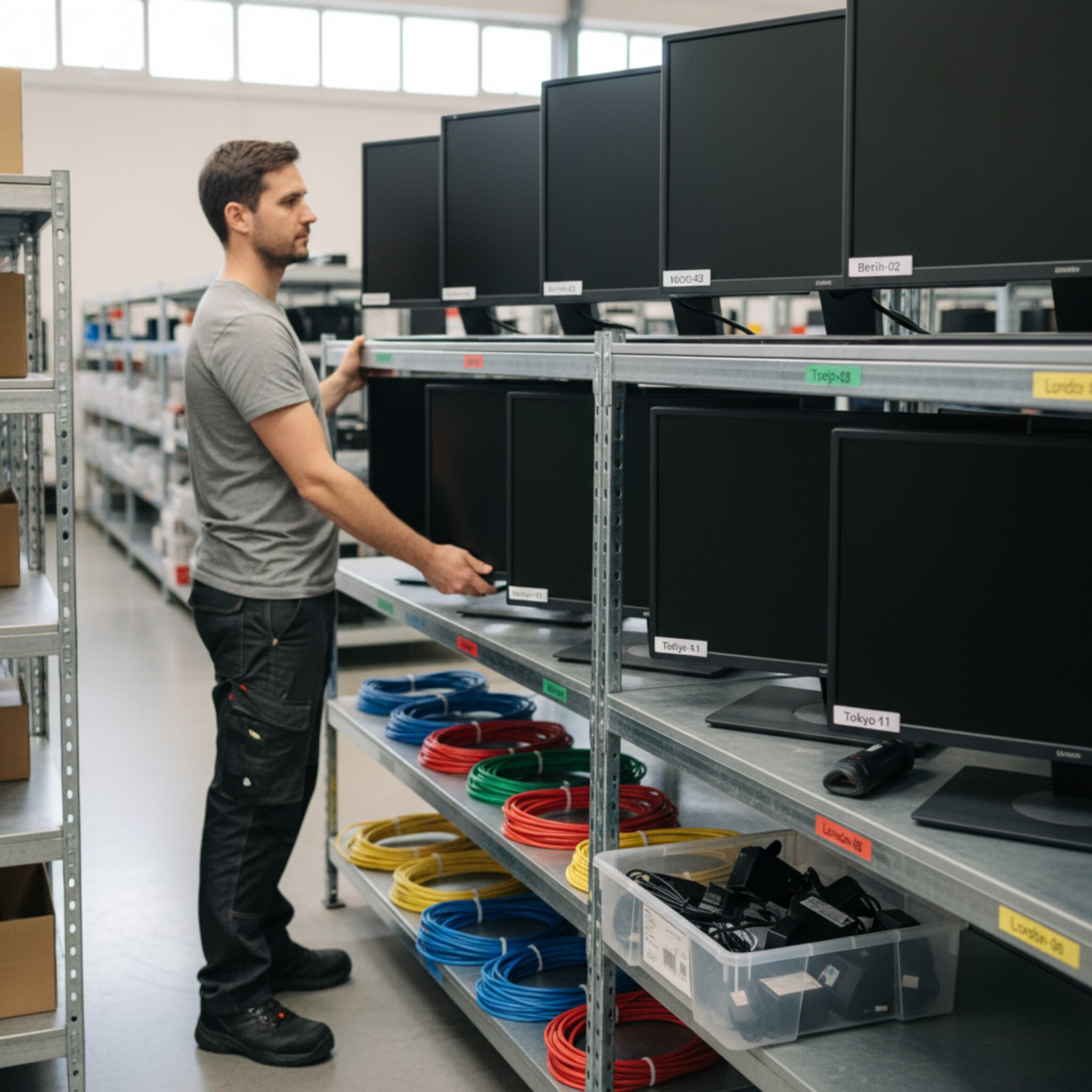 In einem Lagerregal stehen mehrere identische Monitore mit farbigen Etiketten für Standorte. Eine Person greift nach einem Gerät, während passende Kabel ordentlich gebündelt bereitliegen. Die klare Beschriftung zeigt, dass Verfügbarkeit und Zuordnung auf einen Blick erkennbar sind. Alles wirkt ruhig und planbar.