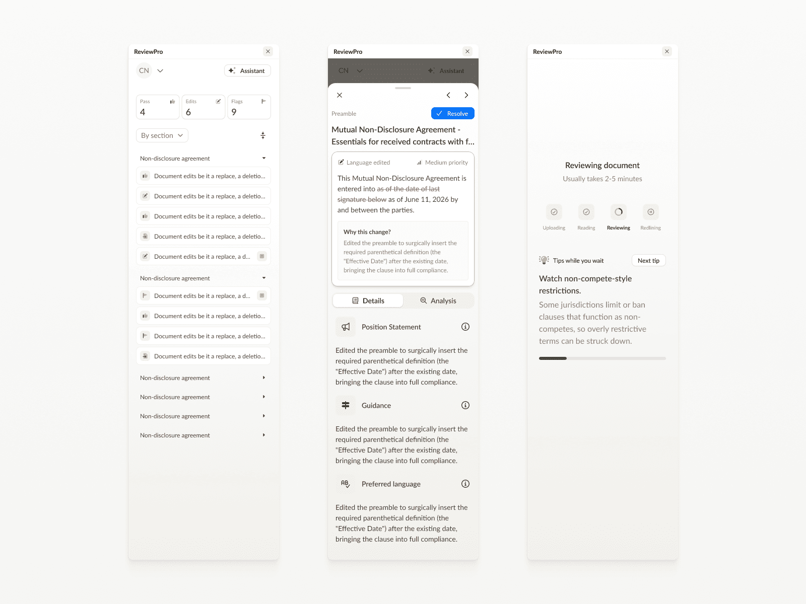 Document edit list, a redlined preamble clause with its rationale, and a review-in-progress screen
