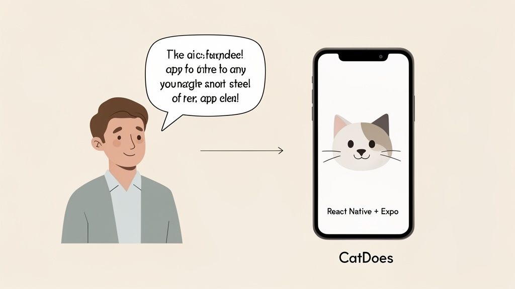 A man speaks about developing the CatDoes mobile app using React Native and Expo frameworks.