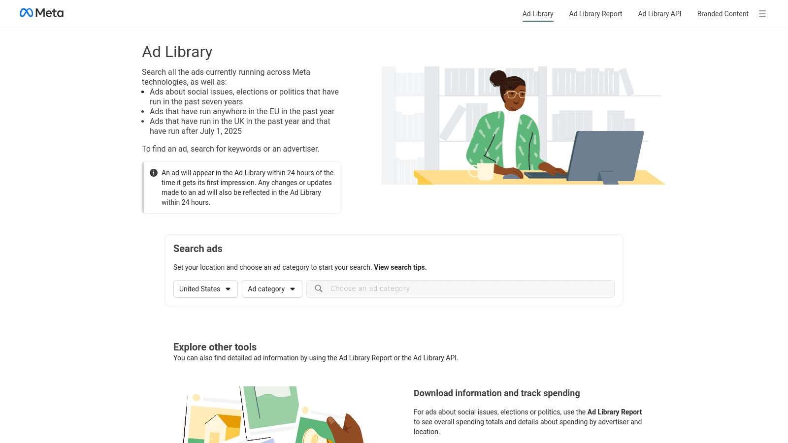 The Meta Ad Library landing page with a search bar for looking up active advertisements.d Library landing page with a search bar for looking up active advertisements.