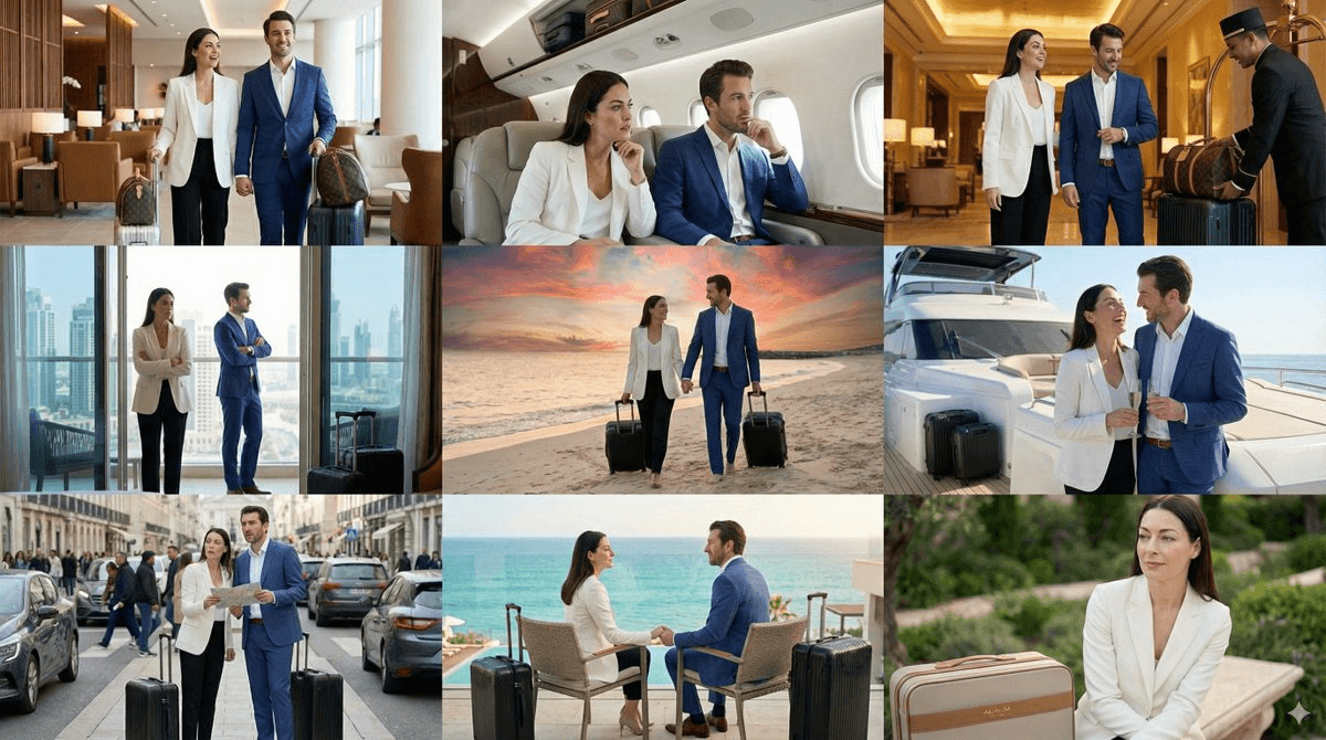 "Create an addictively intriguing 9-part story with 9 images featuring a woman and man in an award-winning luxury luggage commercial. The story should have emotional highs and lows, ending on an elegant shot of the woman with the logo. The identity of the woman and man and their attire must stay consistent throughout but they can and should be seen from different angles and distances. Please generate images one at a time. Make sure every image is in a 16:9 landscape format."