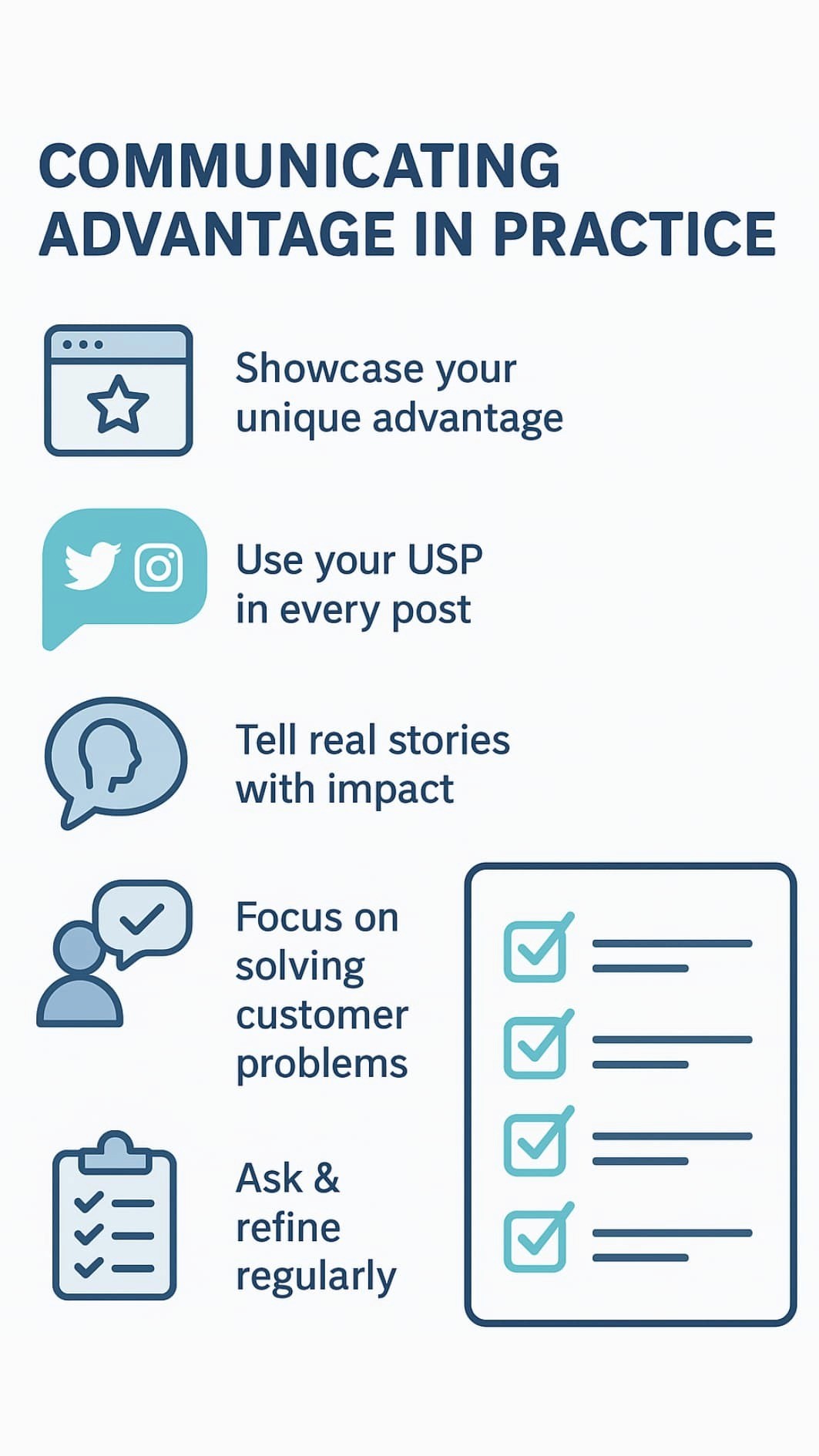 Infographic showing steps to communicate your unique advantage with icons, checklist, and simple visuals.