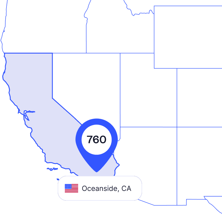 US map of 760 area code phone numbers and its coverage region