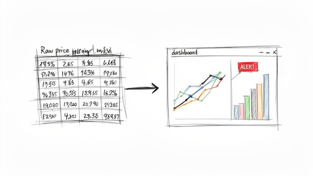 A sketch showing raw price data in a table transforming into a dashboard with charts and an alert.