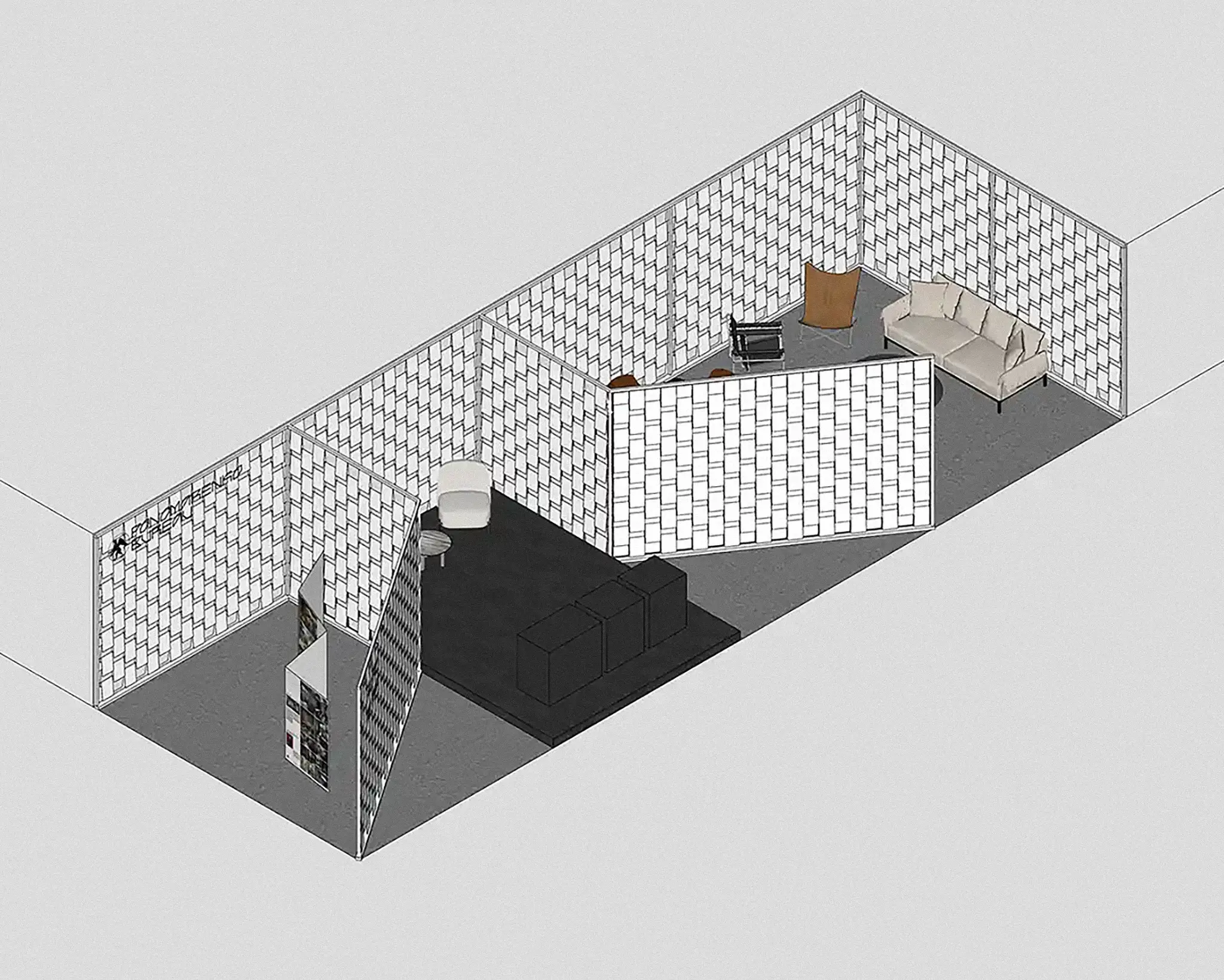 "A SketchUp axonometry from the design process for Paper Stand, a pavilion made for ArtSpace. The walls were planned as a light structure of strings, A4 sheets, and simple office binder clips."