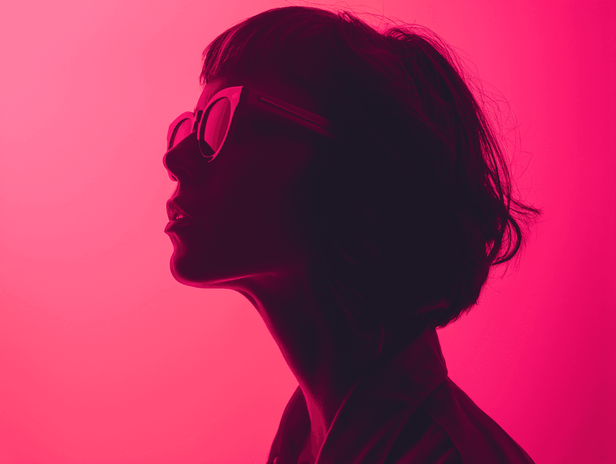 A dark portrait sillhoutette of a woman with sunglasses against a bright pink background.