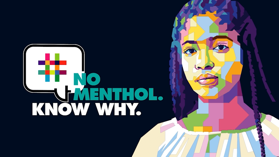 Vibrant vector portrait beside text No Menthol Know Why promoting health awareness campaign
