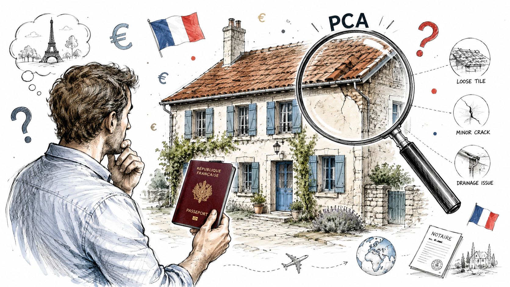 A man holding a French passport contemplates purchasing a house undergoing a professional property condition assessment in France.