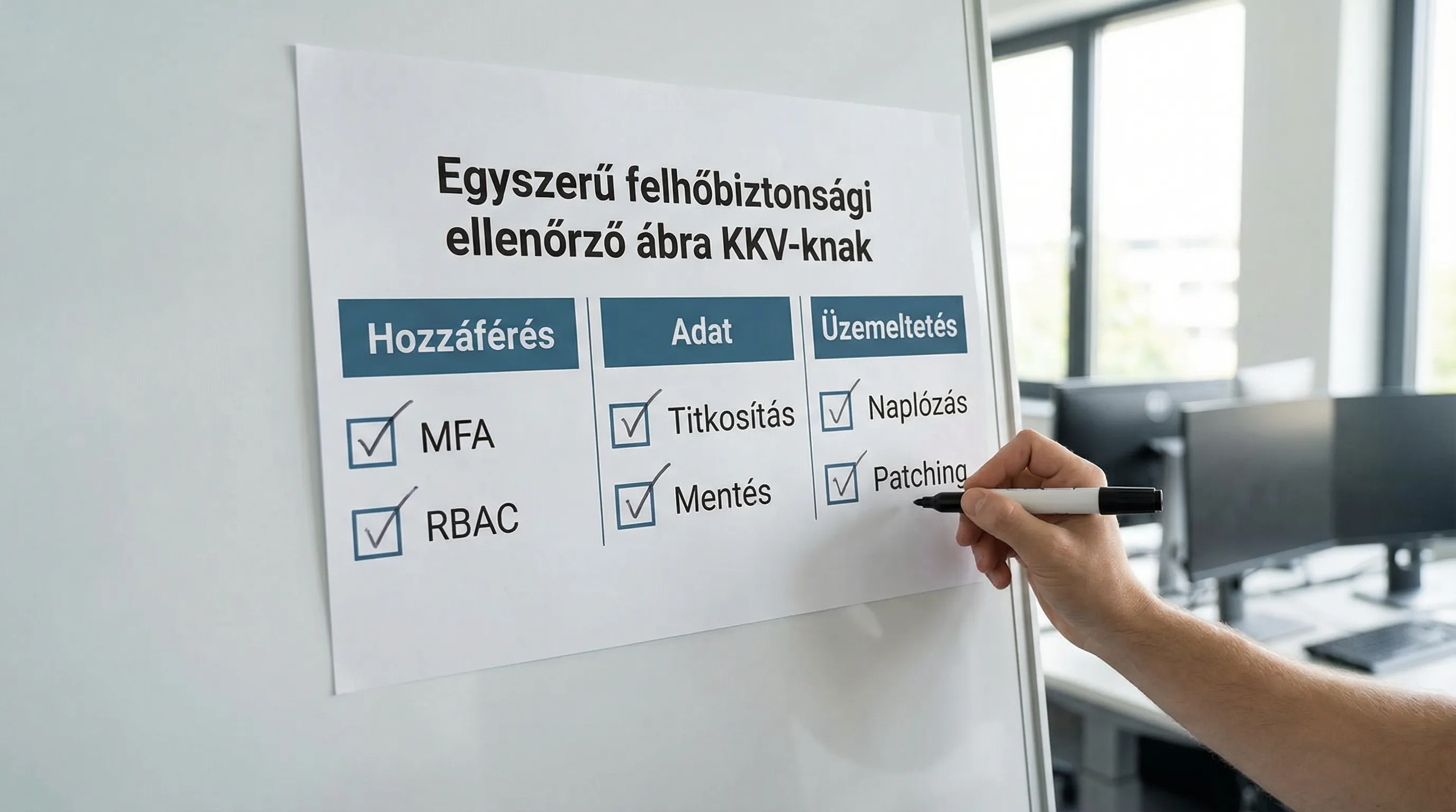 Egyszerű felhőbiztonsági ellenőrző ábra KKV-knak: három oszlop (Hozzáférés, Adat, Üzemeltetés) és mindegyik alatt 2-2 kulcselem (MFA/RBAC, titkosítás/mentés, naplózás/patching).