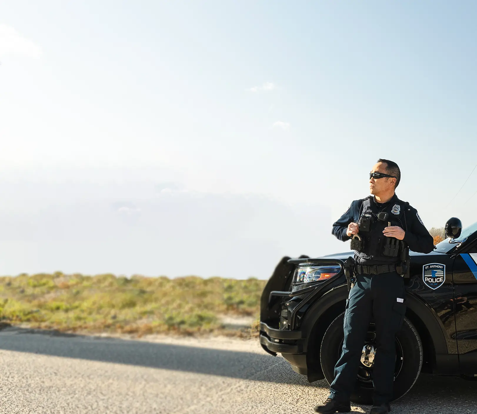 Ford Police Interceptor Utility with Guardian push bumper and active emergency lights, upfit by Guardian Fleet Safety
