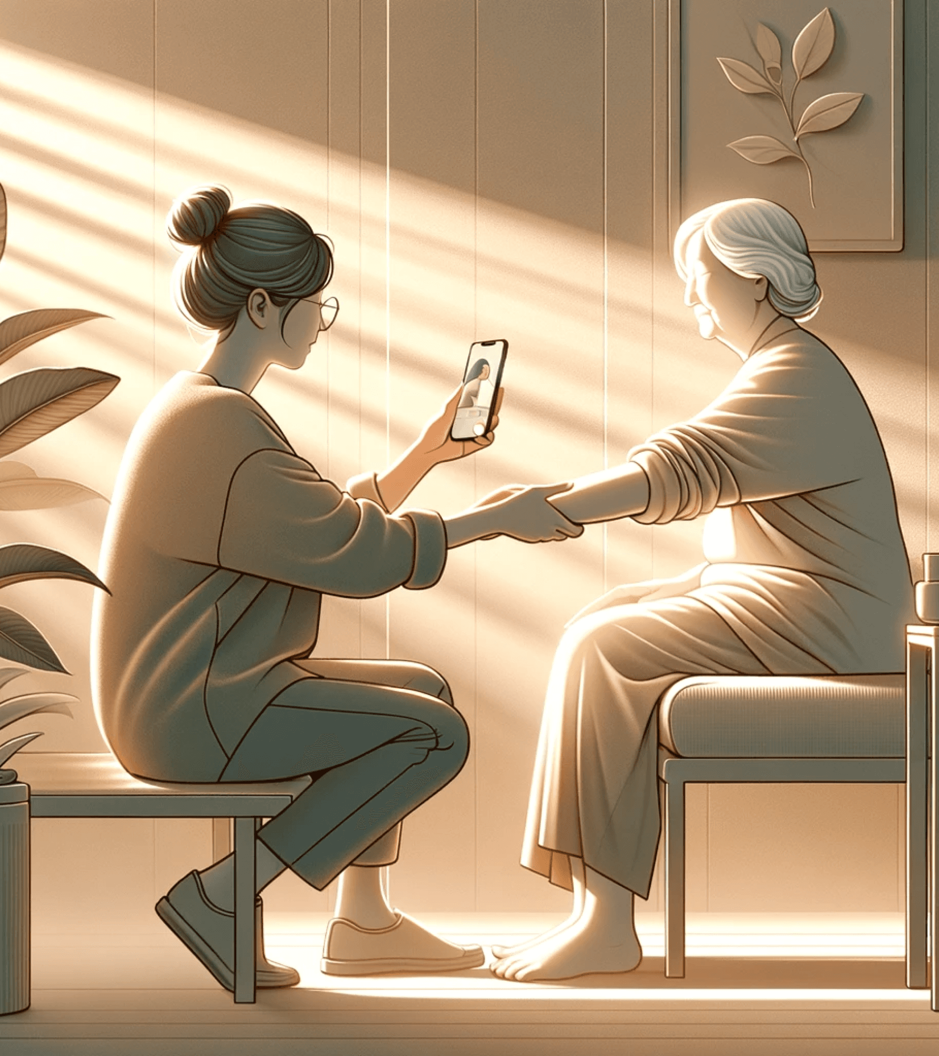 Bild med en sköterska som tar ett foto på en patient med mobilen.