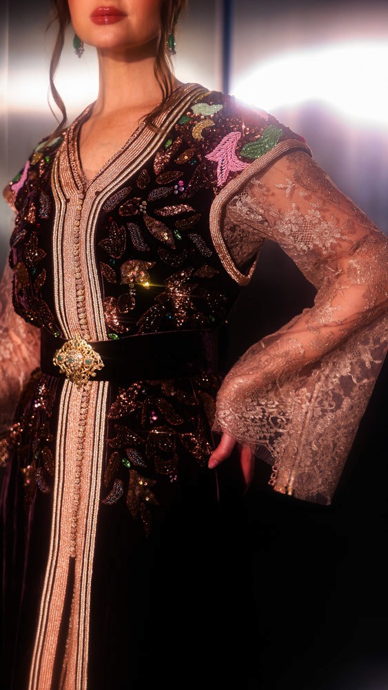 Umber Velour Moroccan caftan with intricate handmade detailing, luxury evening couture piece for Bahrain