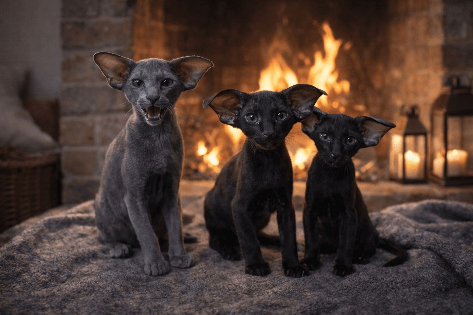 Three gray kittens with large ears sit on a cozy blanket in front of a warm, glowing fireplace, creating a serene and inviting atmosphere.