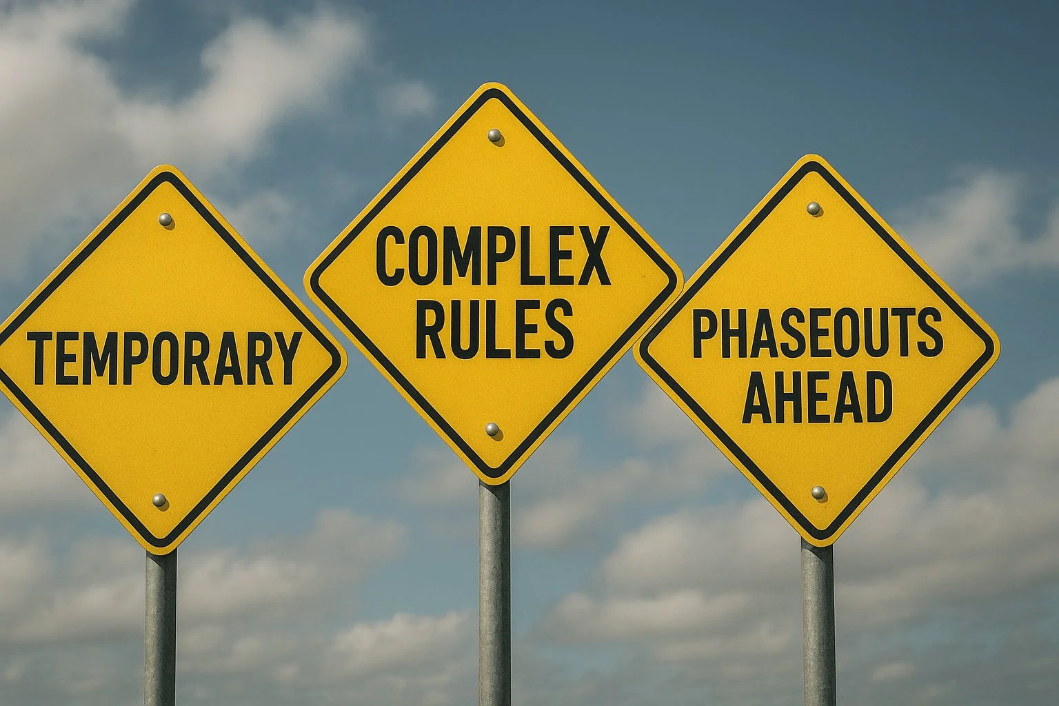 Caution-style visual with road signs labeled “Temporary,” “Complex Rules,” and “Phaseouts Ahead,” representing the risks and changes of SALT tax regulations.