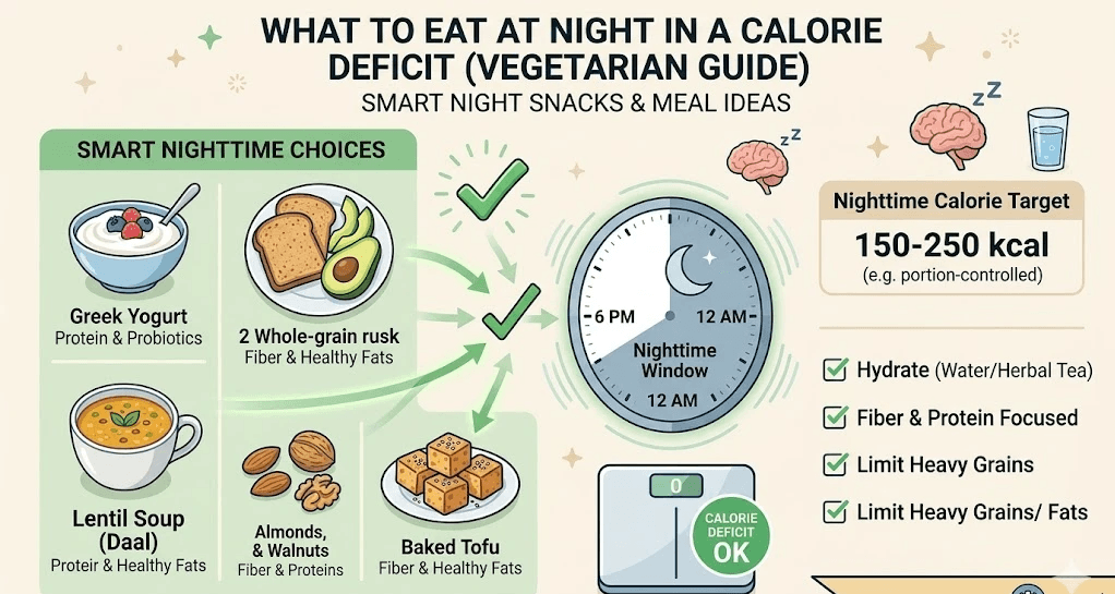 Infographic guide title "WHAT TO EAT AT NIGHT IN A CALORIE DEFICIT (VEGETARIAN GUIDE)". Shows 'SMART NIGHTTIME CHOICES' like Greek Yogurt with Protein, Whole-grain Rusk with Fiber, Lentil Soup (Daal), Almonds and Walnuts, Baked Tofu. A central 12AM-6AM 'Nighttime Window' clock, a weighing scale, brain icons, and a checklist 'Hydrate, Fiber & Protein Focused, Limit Heavy Grains'. Nighttime calorie target 150-250 kcal.