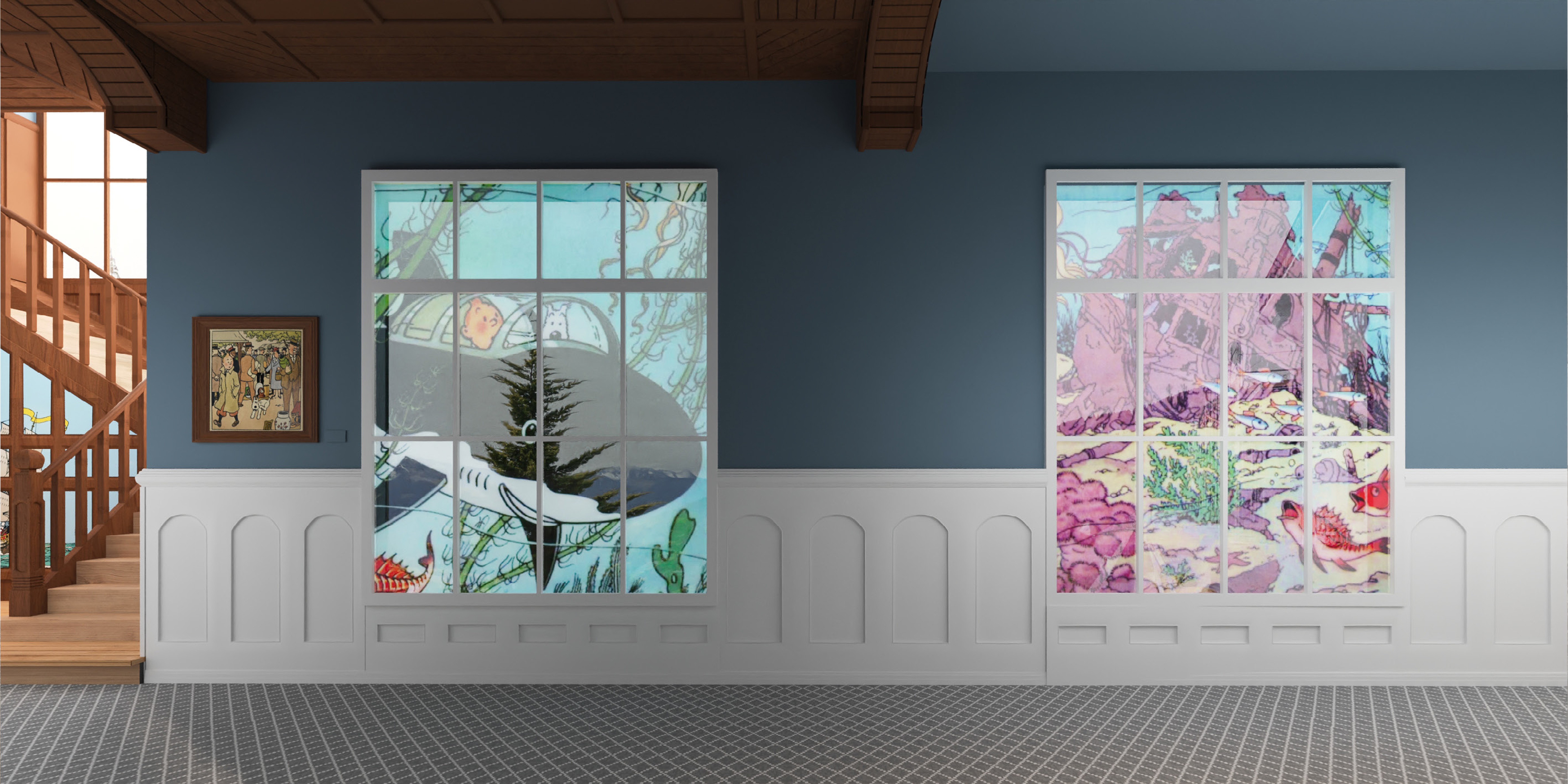 Windows stickers for Exhibition design concet Hergé in Villars Palace Switzerland 