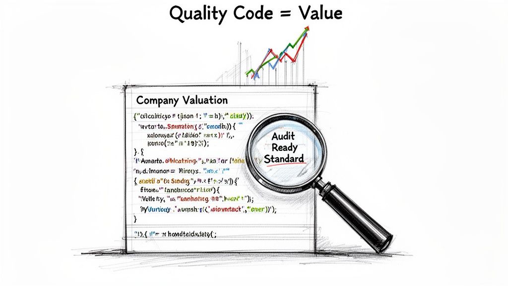 A magnifying glass inspecting code on a document, illustrating the concept that quality code equals company value.