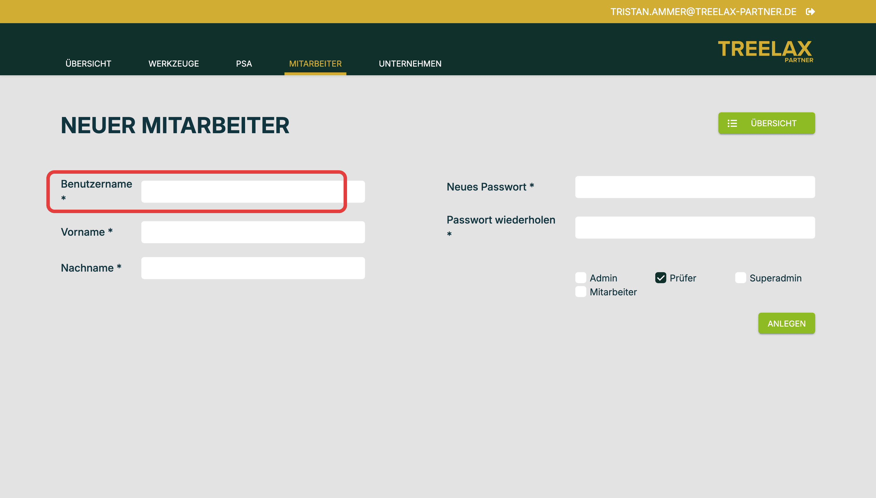Der Benutzername ist die E-Mail-Adresse — pro Person eine eigene.