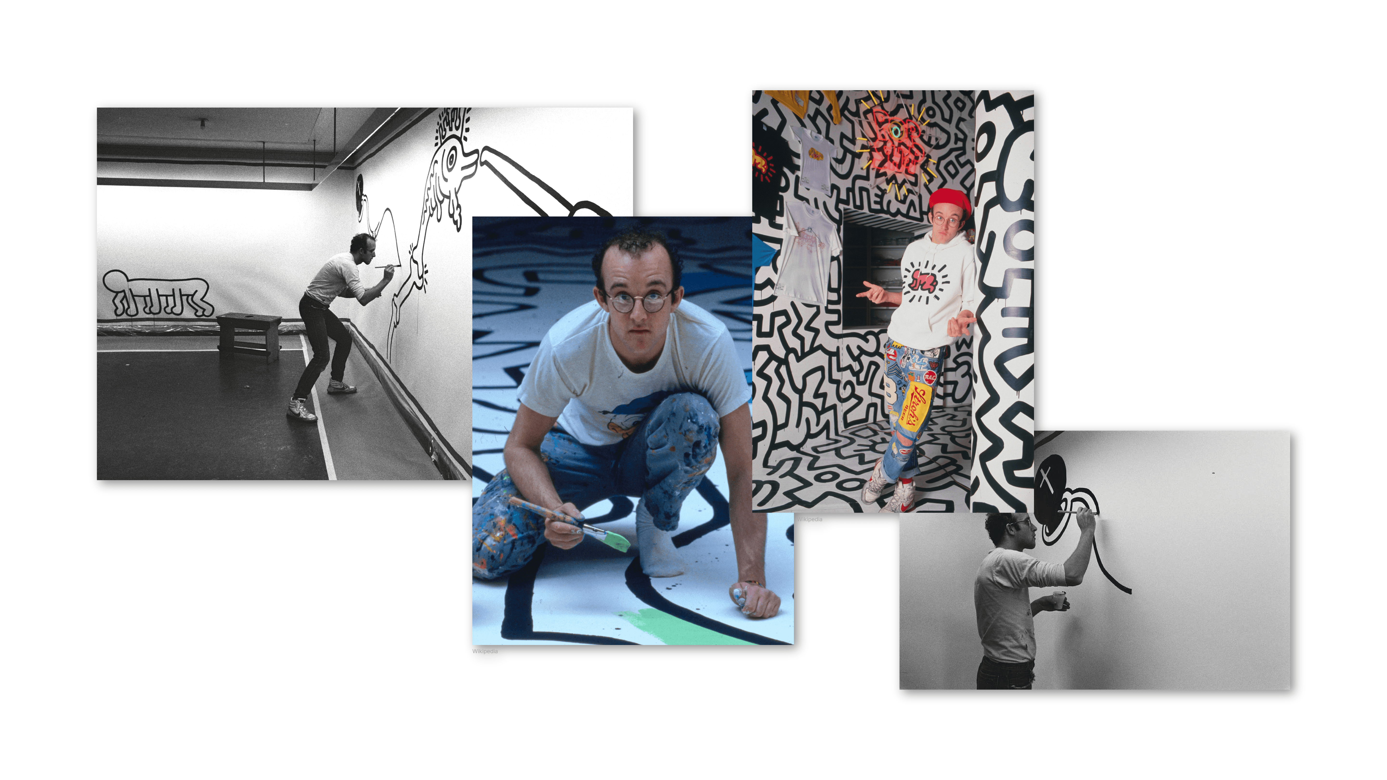 A collage shows Keith Haring painting murals and standing inside rooms covered with his drawings.