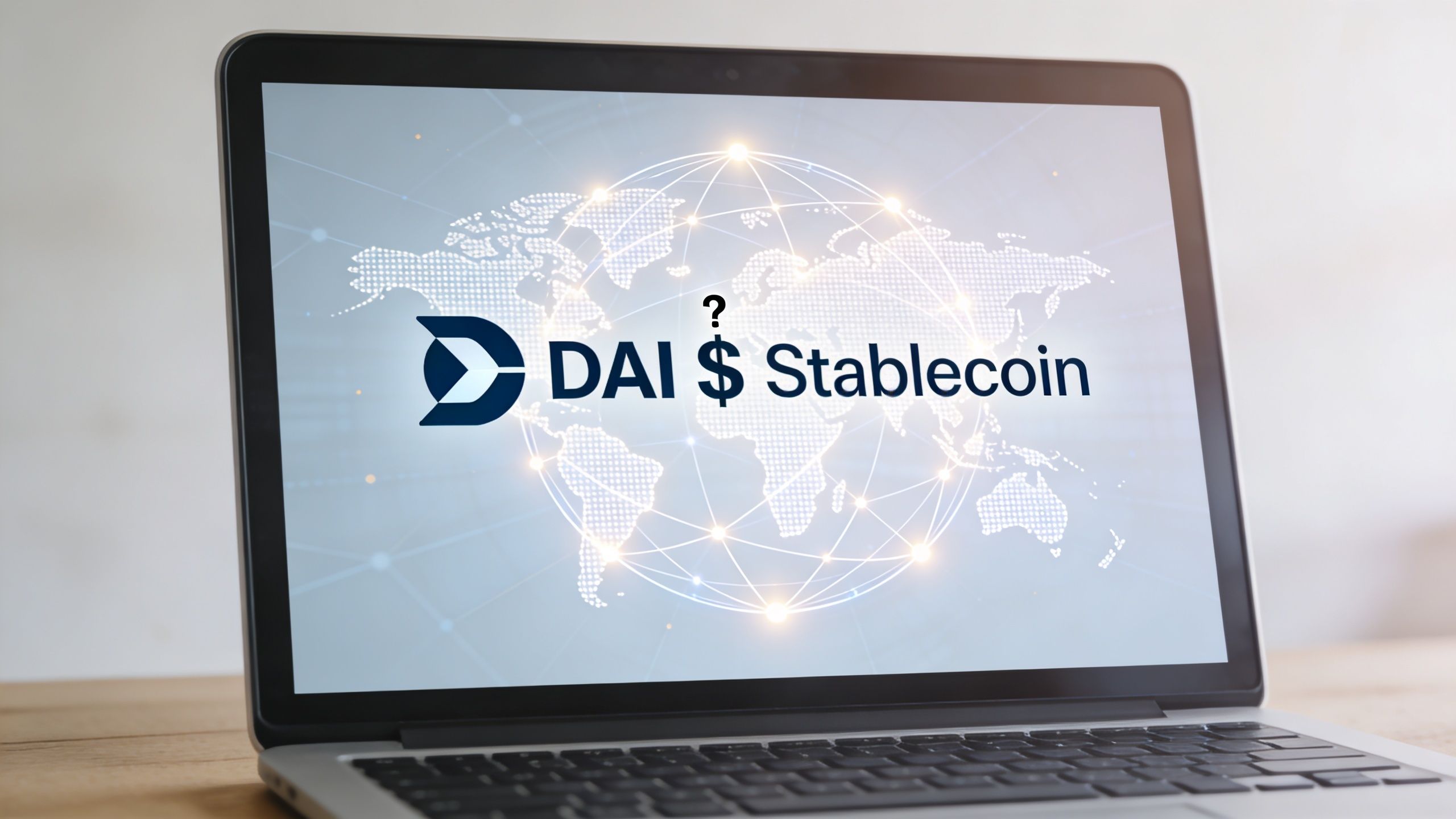 A laptop screen displaying the DAI logo and the text DAI Stablecoin with a global map background.