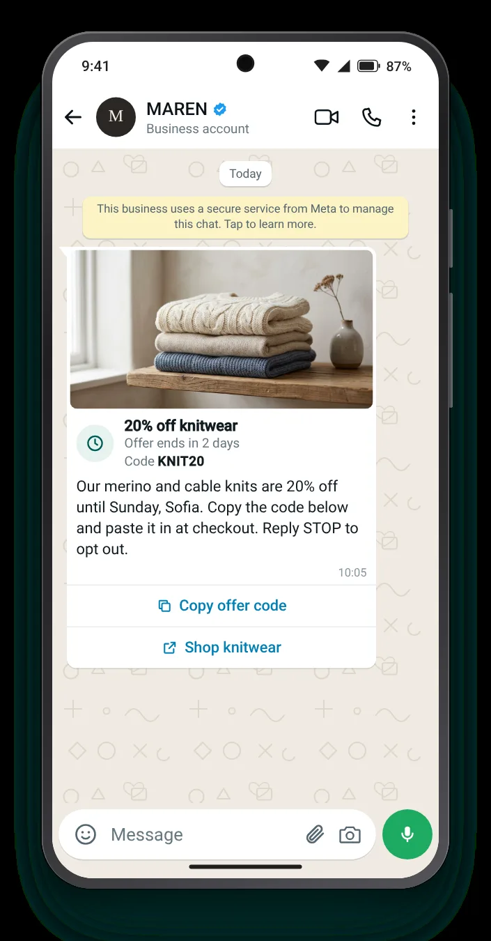Everything on: image, panel, timer, copy button: WhatsApp limited-time offer on an Android phone