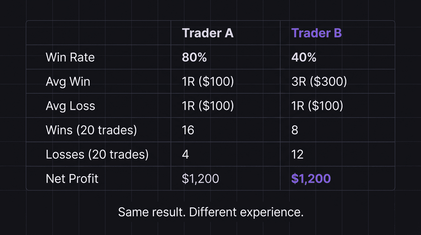 Comparison table of Trader A (80% win rate, 1R) vs Trader B (40% win rate, 3R) over 20 trades