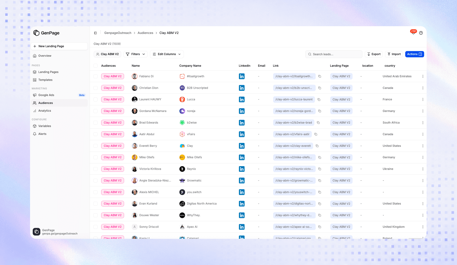 GenPage bulk ABM page generation — unique personalized pages generated for every account on a target list