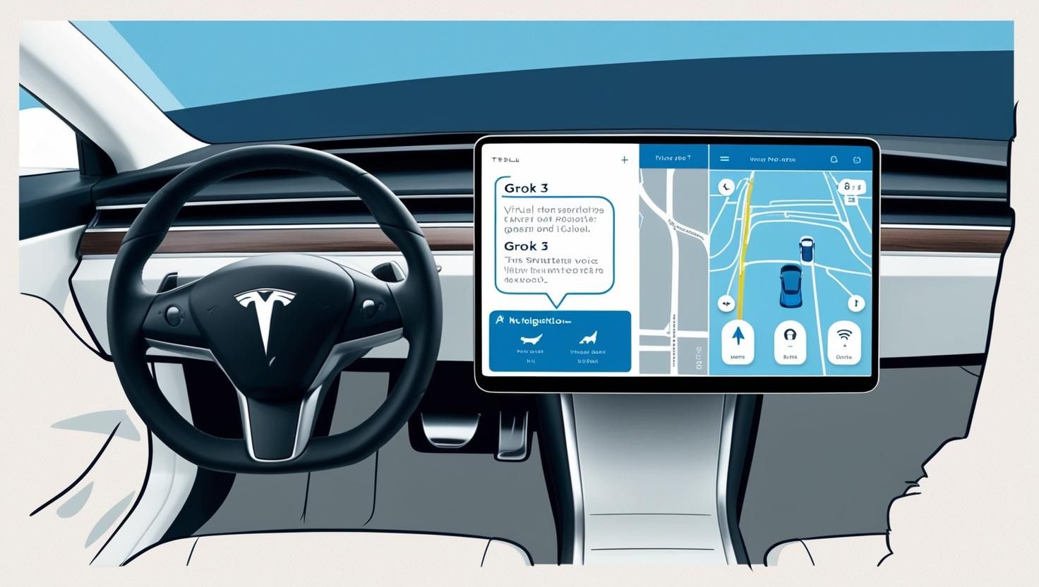 A Tesla dashboard featuring Grok 3 responding to voice commands for navigation and diagnostics