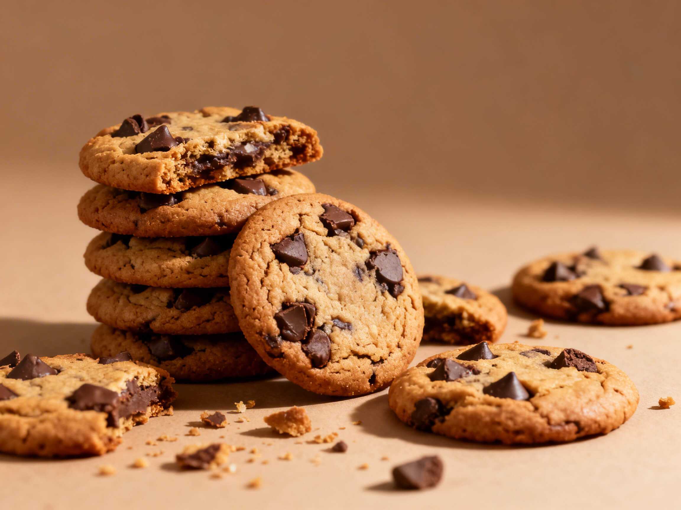 Chocolate chip cookie with melted chocolate chunks on a warm brown background
