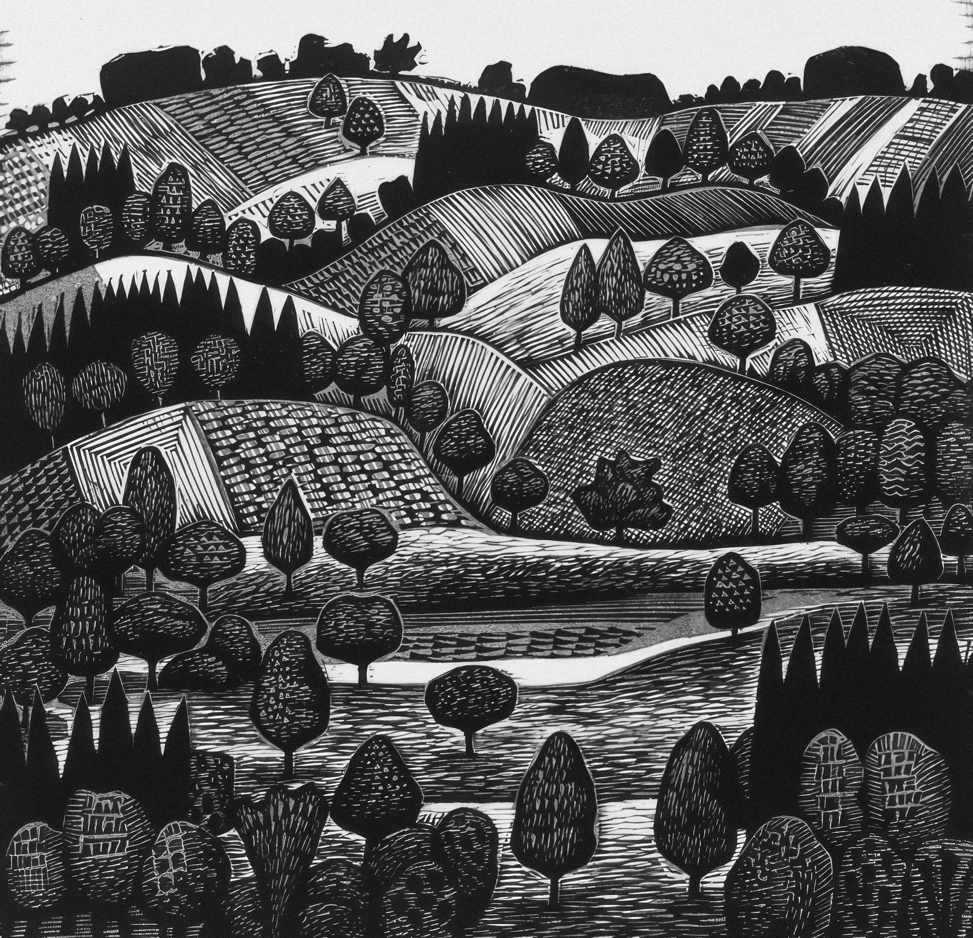 Black and white linocut of rolling hills, fields and trees
